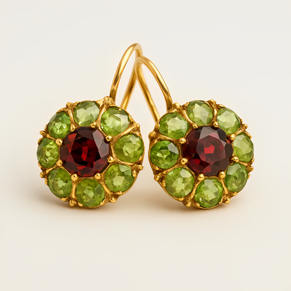 Selene – Pendientes Retro Redondos con Cristales Verdes y Rojos