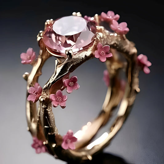 Elina – Anillo de Oro Encantado con Cristal Rosa y Flores