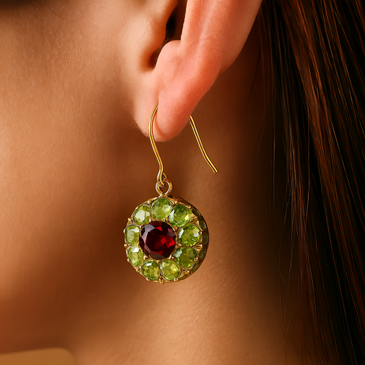Selene – Pendientes Retro Redondos con Cristales Verdes y Rojos