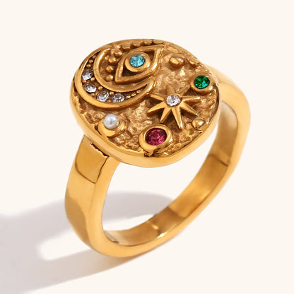 Solenya – Anillo Cristal Dorado Motivo Sol-Luna
