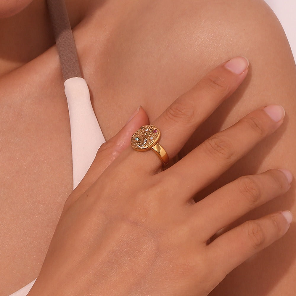 Solenya – Anillo Cristal Dorado Motivo Sol-Luna