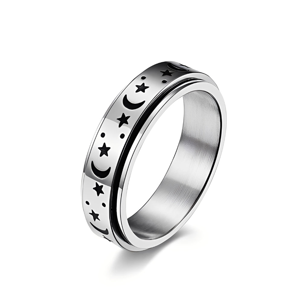 Anillo rotatorio de mujer con luna y estrella y diseño movible