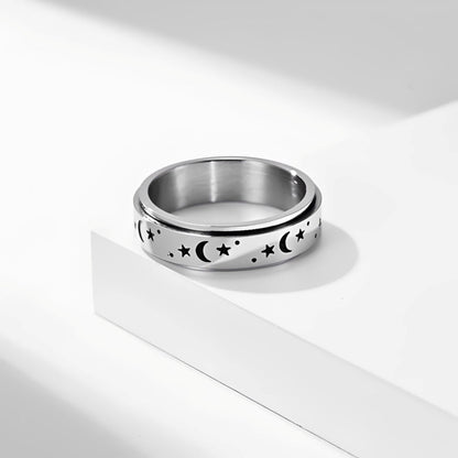 Anillo rotatorio de mujer con luna y estrella y diseño movible
