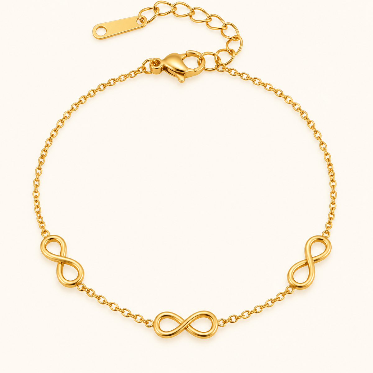 Pulsera Infinito para Damas con Tres Símbolos y Fina Estructura de Cadena