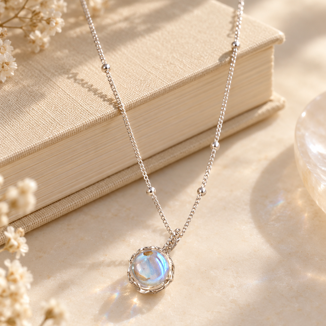 Collar de Mujer con Colgante de Moonstone y Segmento Redondo y Cadena Esférica