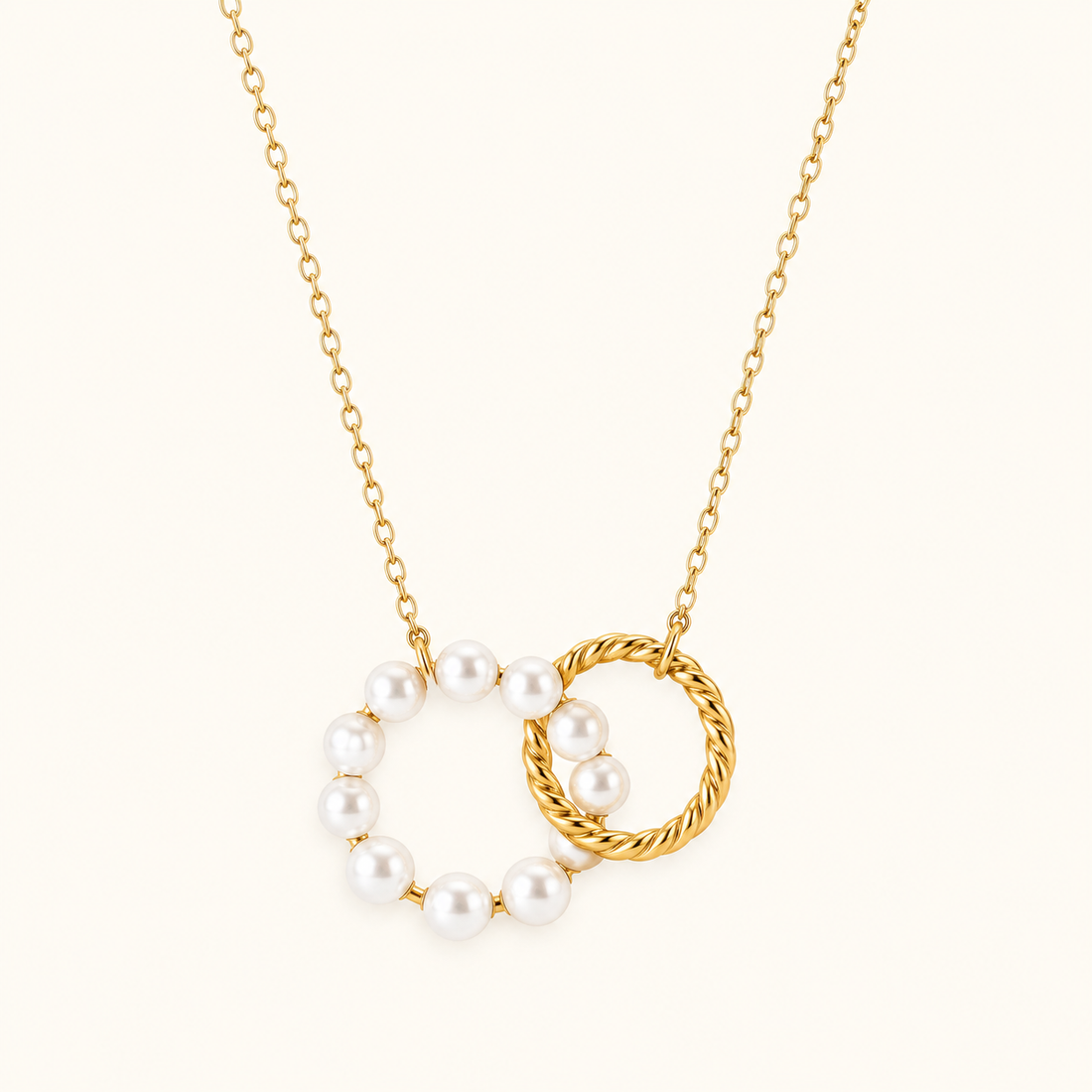 Collar Colgante de Damas con Dos Anillos Entrecruzados y Detalles de Perlas