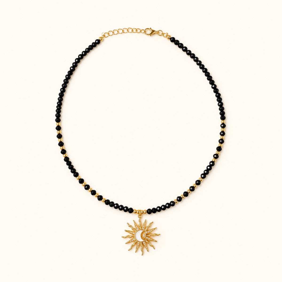 Collar de perlas para mujeres con colgante de sol y luna y perlas de vidrio facetadas