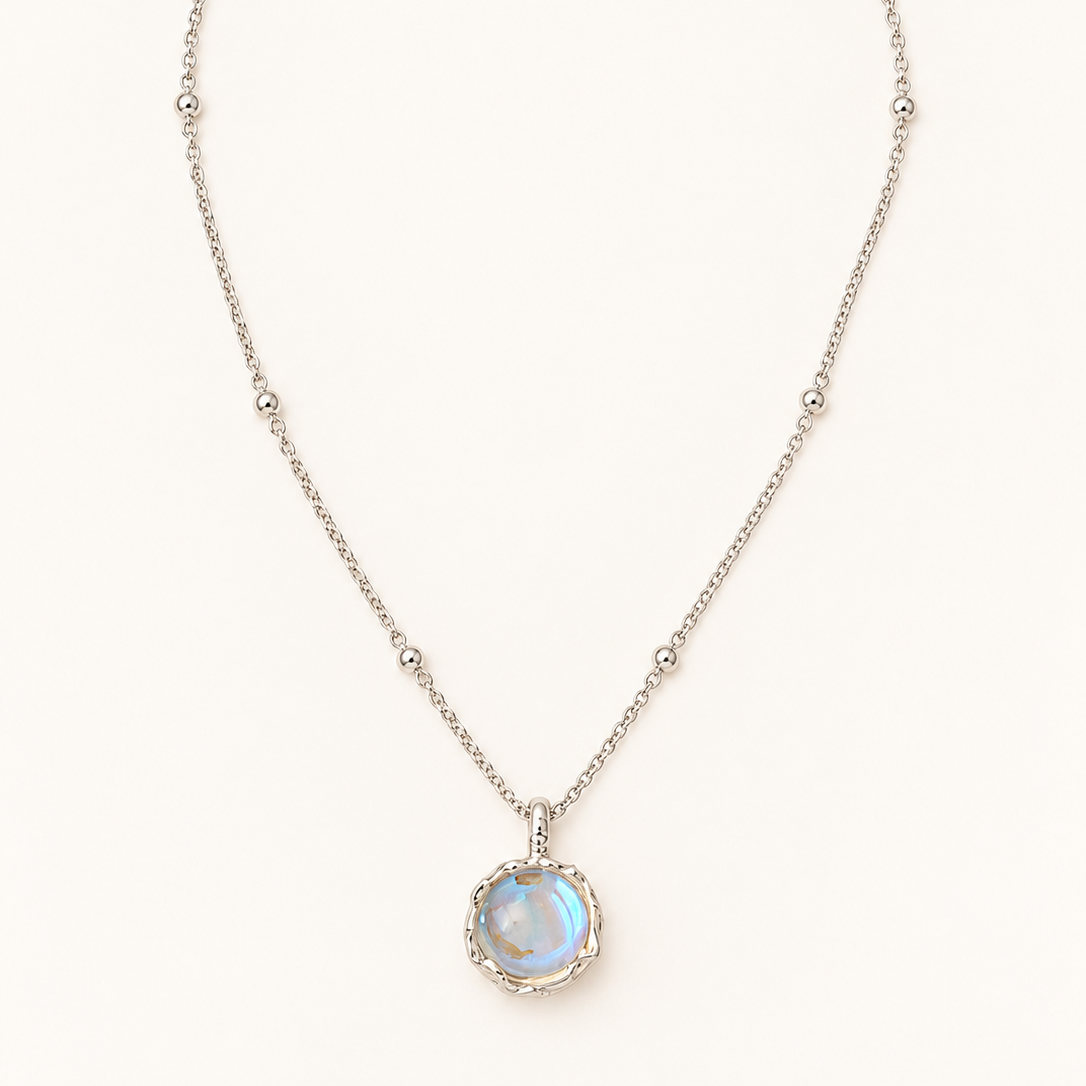 Collar de Mujer con Colgante de Moonstone y Segmento Redondo y Cadena Esférica