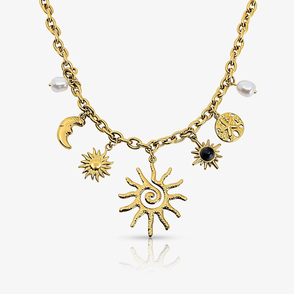 Collar Charm de Dama con Acentos de Sol, Luna y Perlas