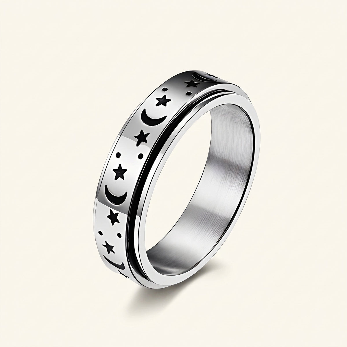 Anillo rotatorio de mujer con luna y estrella y diseño movible