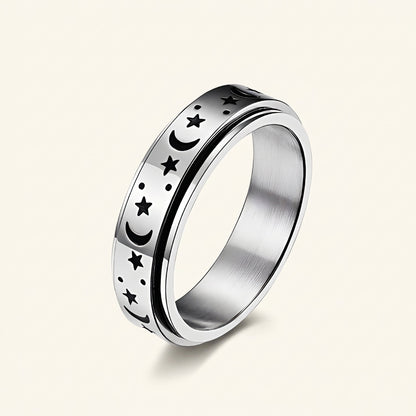 Anillo rotatorio de mujer con luna y estrella y diseño movible