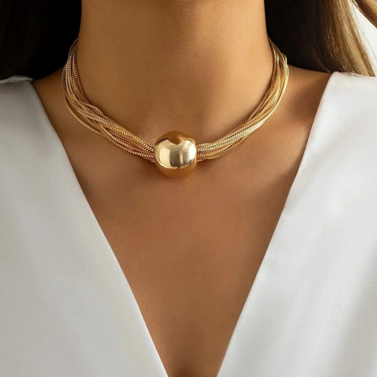 Conjunto de collar y pulsera de 2 piezas para mujeres con diseño de cadena multicapa y detalle de bola
