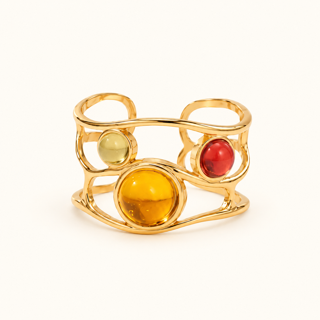 Anillo de Declaración Abierto de Mujer con Tres Detalles de Piedra Cabochon y Diseño de Órbita Curvada