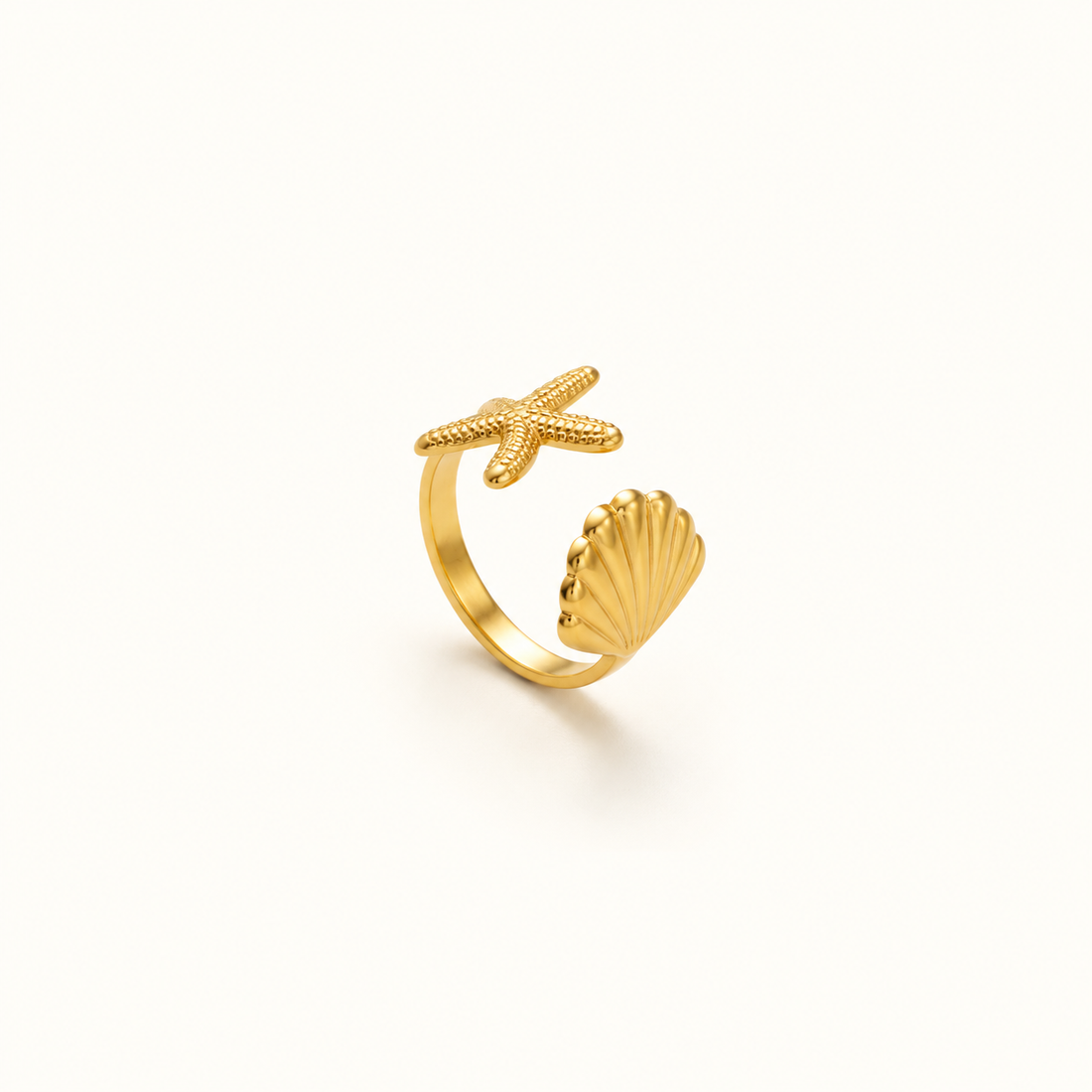 Anillo Abierto de Mujer con Motivo de Estrella de Mar y Concha y Superficie Texturizada