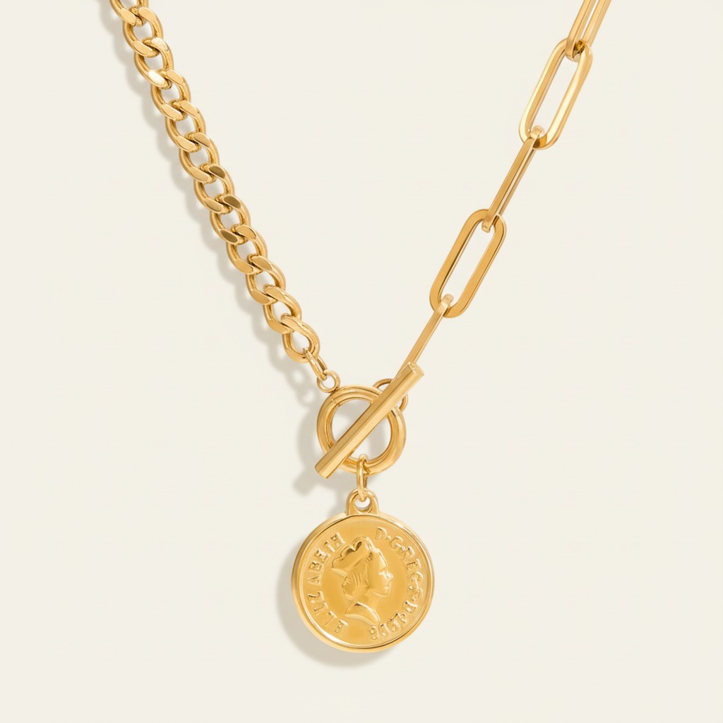 Collar con Colgante de Moneda de Damas con Diseño de Cadena Mixto y Cierre de Bola