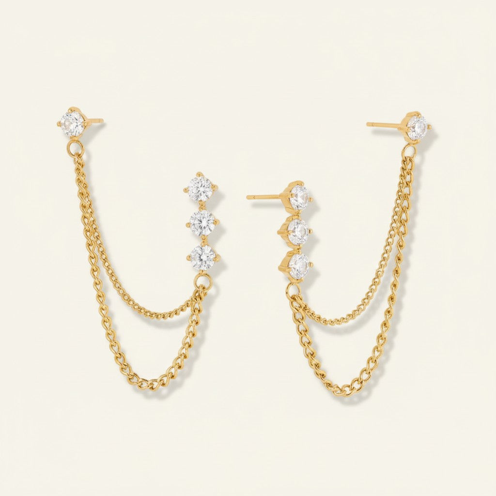 Pendientes de Mujer con Fila Vertical de Piedras y Arco de Doble Cadena