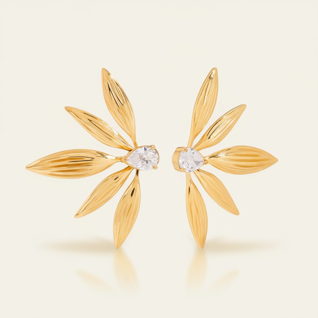Damas Hoja-Pendientes con Diseño en Forma de Abanico y Acento de Piedra Redonda