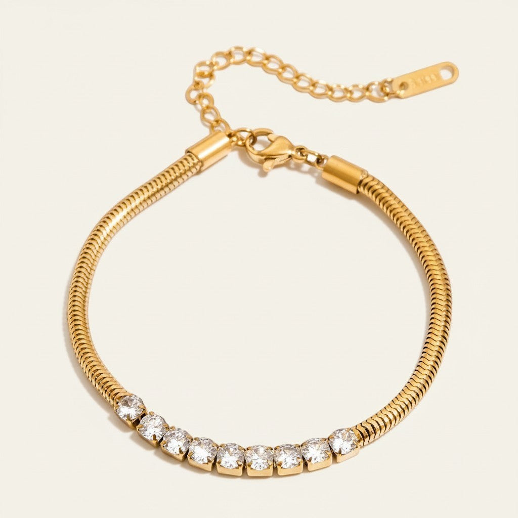 Pulsera de Mujer con Cadena de Serpiente, Fila de Piedras Central y Cadena de Extensión