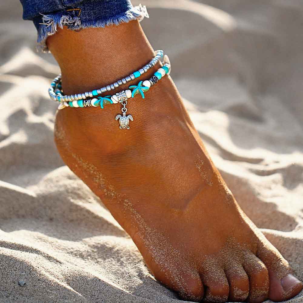 Damas Multicapa Pulsera de Pie con Motivos de Tortugas, Estrellas de Mar y Conchas