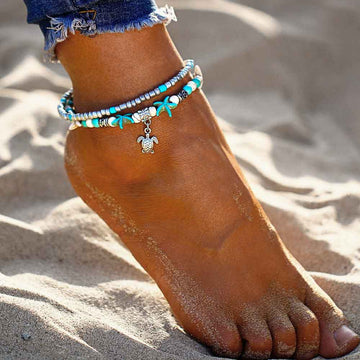 Damas Multicapa Pulsera de Pie con Motivos de Tortugas, Estrellas de Mar y Conchas