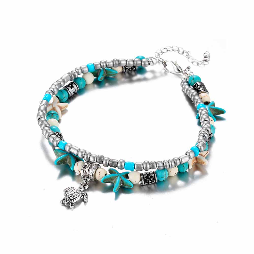 Damas Multicapa Pulsera de Pie con Motivos de Tortugas, Estrellas de Mar y Conchas