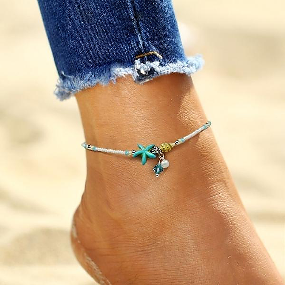 Damas Pulseras de Pie con Estrella de Mar, Concha y Detalles de Perlas
