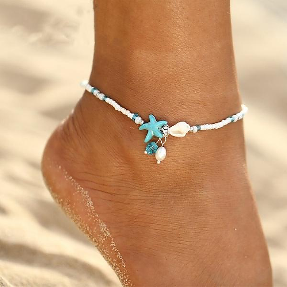 Damas Pulseras de Pie con Estrella de Mar, Concha y Detalles de Perlas